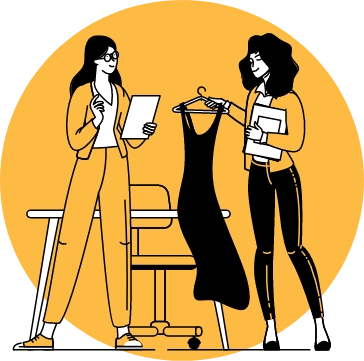 line art of businesswoman and customer on a yellow circle background